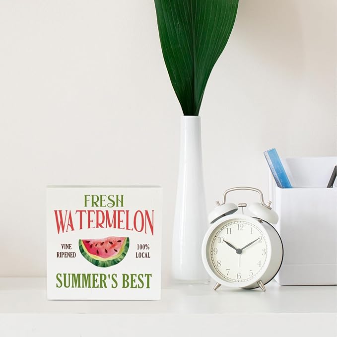 Farmhouse Summer Watermelon Wooden Box Sign Rustic Country Watermelons Box Sign Wood Sign Decor Summer Square Wood Sign Home Kitchen Desk Tabletop Shelf Decor 5 x 5