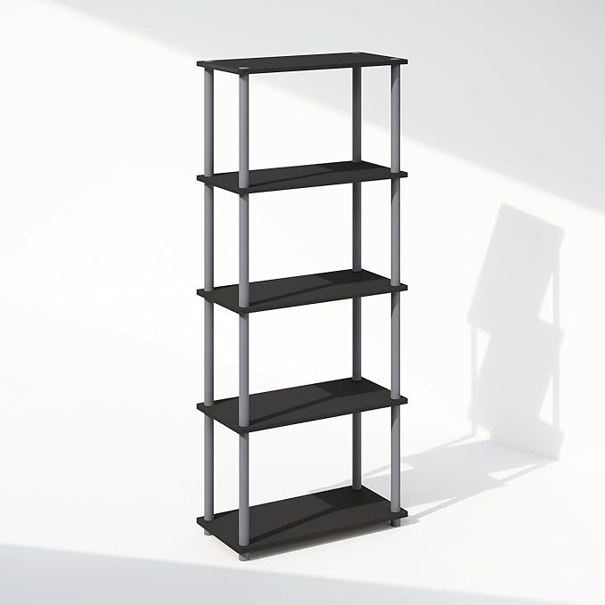 Furinno Turn-N-Tube Book Shelf, 5-Tier Bookshelf, Bookcase with Multipurpose Compact Display Rack, 11.6 x 23.6 x 57.4, for Living Room, Bedroom, Home Office, Black/Grey