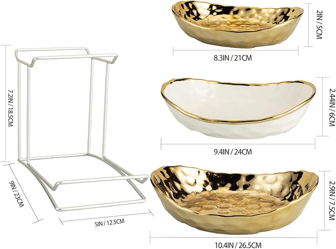 jessie 3 Tier Ceramic Fruit Basket for Kitchen Counter with Metal Stand, Fruit Bowls with Rack, Porcelain Bowls for Vegetable Bread Candy Snack Nuts Dessert Cake Tray (Gold Triple Layer)