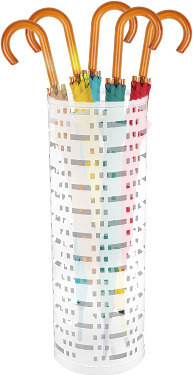 Umbrella Stand Rack, Free Standing Round Metal Umbrella Holder, Walking Sticks Umbrella Bins Waterproof Umbrella Storage Rack 16.5 x 6 inch Hollow Umbrella Storage Bucket for Indoor Home Office(white)