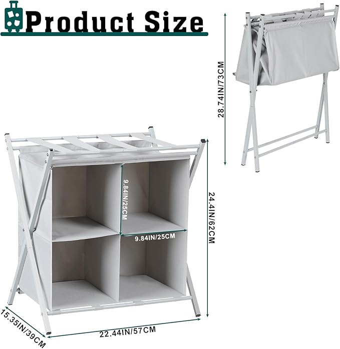 Luggage Rack for Guest Room, Suitcase Stand with 4 Fabric Storage Compartments and 4 Nylon Straps, Metal Folding Luggage Rack for Hotel, Bedroom, Living Room, Gray