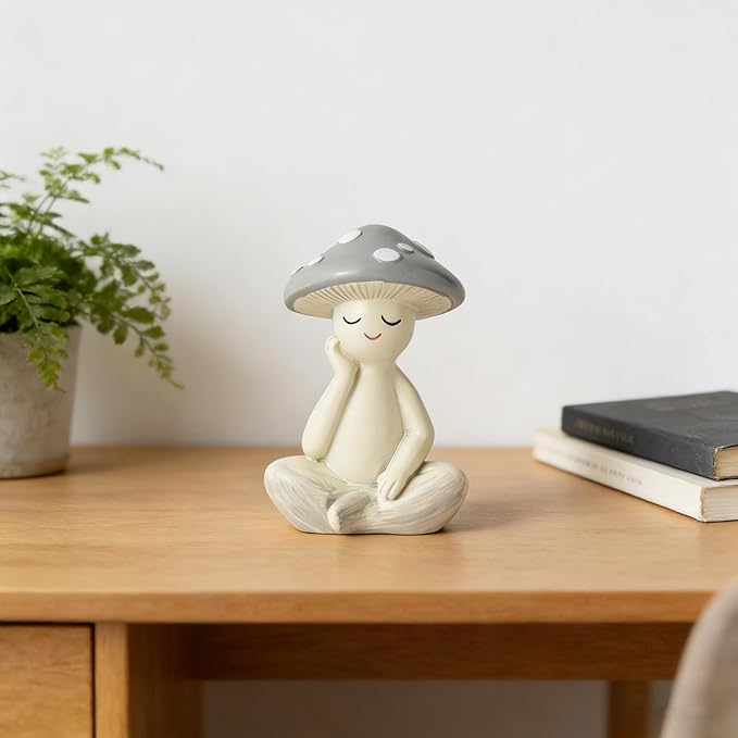 Meditation Mushroom Resin Statue - Cute Meditation Mushroom Statue for Desk Living Room Resin Figurine for Home Patio Office Decoration Cute Plant Statues for Tabletop Garden Backyard Decor