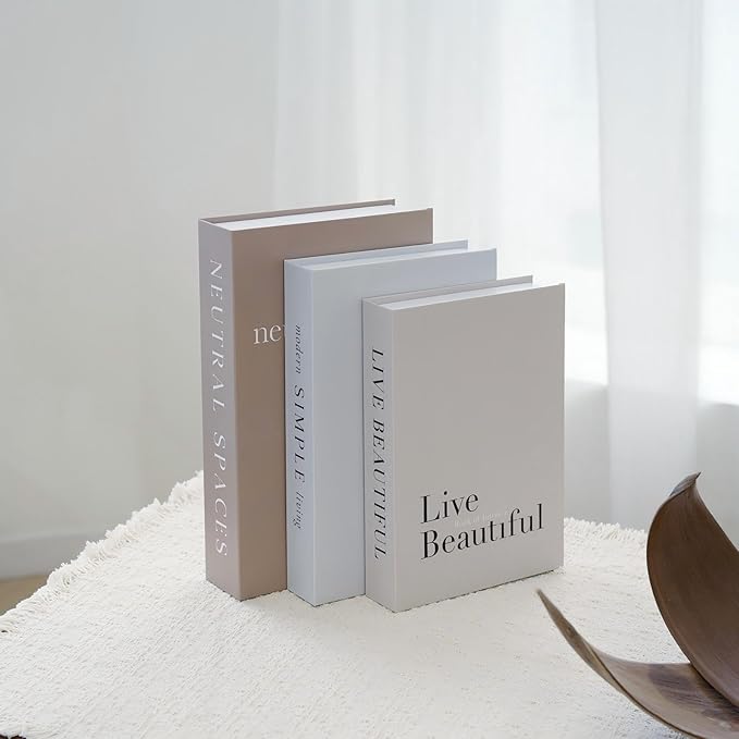 3 PCS Faux Decorative Books for Home Decor-Coffee Table Books Decor-Aesthetic Fake/Faux Books for Decoration,libros Decoration for Coffee Table, Shelf Accessories (Neutral spaccs Simple Live)