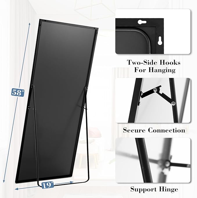 DUMOS 19"x58" Full Length Mirror with Stand, Floor Standing Aluminum Frame, Shatter-Proof Nano Glass for Bedroom, Living Room, Cloakroom – Modern Simple Home Decor,Can Be Hanging or Leaning, Black