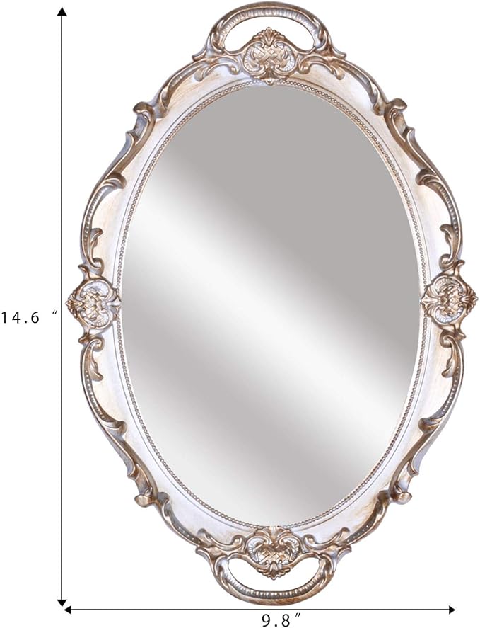 Polyresin Ellipse Antique Decorative Mirror Tray, Makeup Organizer, Jewelry Organizer, Serving Tray, 9.8”x 14.6”, Golden Silver