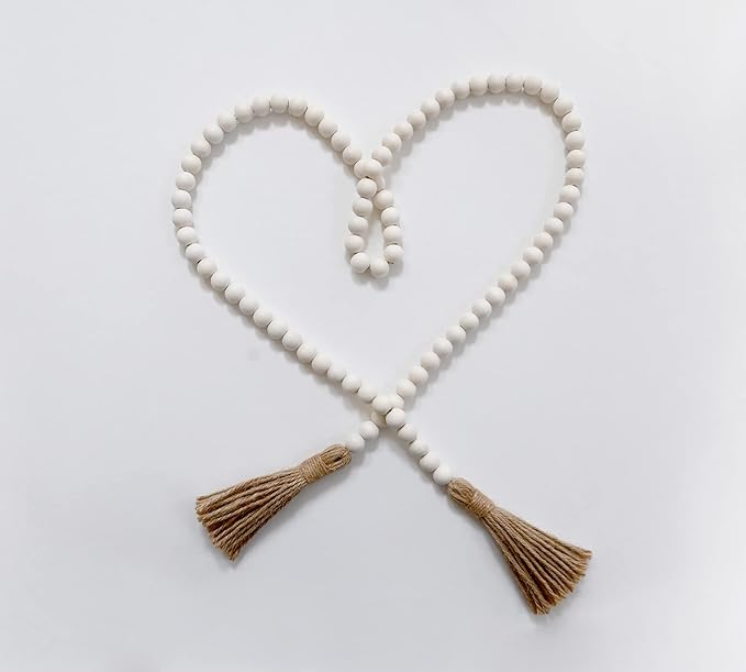 Rool 58in Wood Bead Garland Modern Farmhouse Decor Garland Boho Prayer Beads Neutral Home Decor Wood Beads with Tassels (Natural)