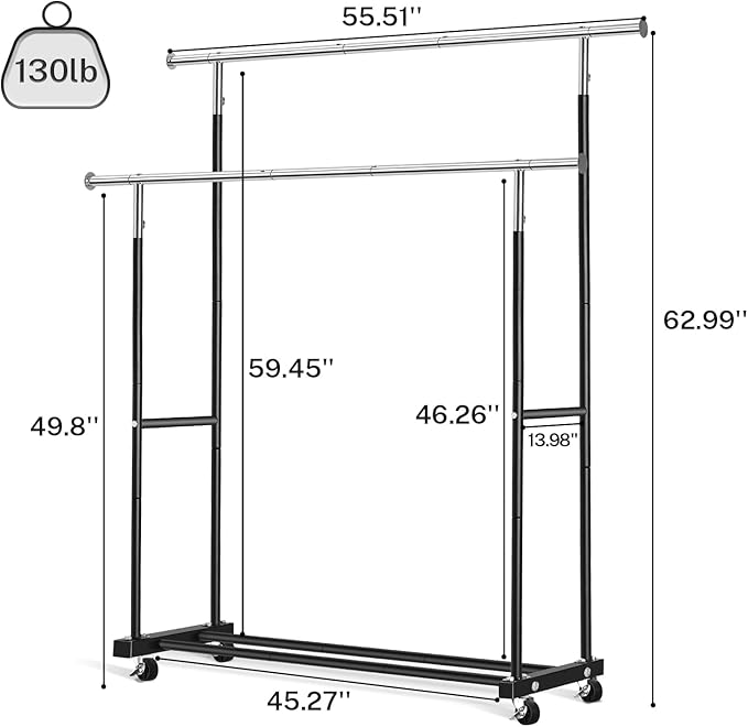 Double Clothing Rack, 130LB Capacity Heavy Duty Garment Rack with Wheels and Bottom Shelf, 55.51 Inch Long Rolling Clothes Racks for Hanging Clothes, Black