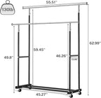 Double Clothing Rack, 130LB Capacity Heavy Duty Garment Rack with Wheels and Bottom Shelf, 55.51 Inch Long Rolling Clothes Racks for Hanging Clothes, Black