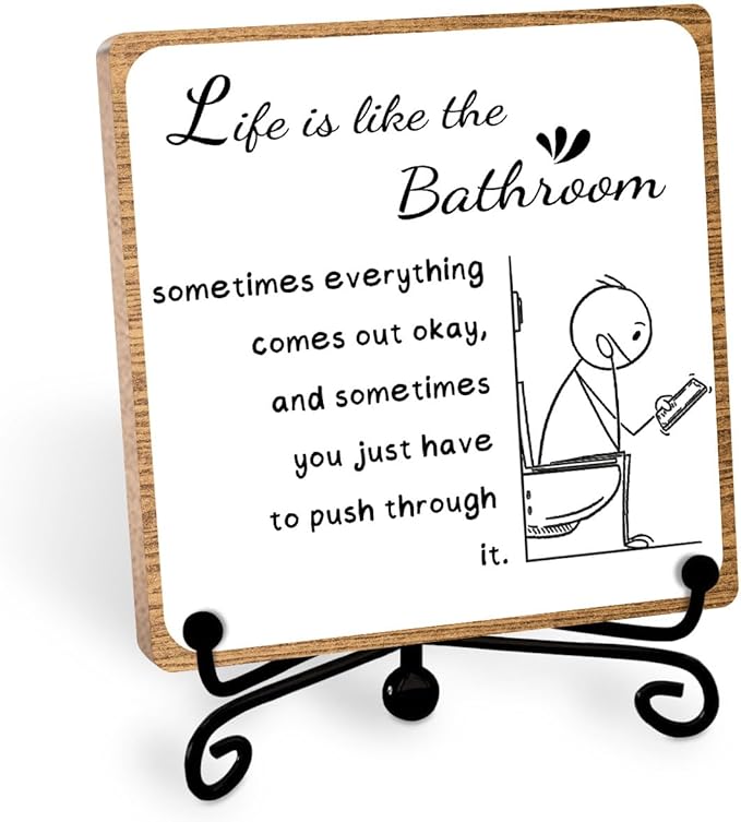 Funny Bathroom Decor, Bathroom Wooden Sign with Stand Decor, Farmhouse Home Toilet Desk Shelf Accessories, Rustic Table Decorations Supplies