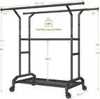 Heavy Duty Clothes Rack Rolling Clothes Rack 3 Rods Clothing Rack 450lbs Capacity 51"-71" L X 19.7" D X 73-79" H Adjustable Rolling Garment Rack