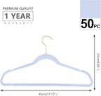 MIZGI Premium Velvet Hangers (50 Pack) Heavy Duty - Non Slip Felt Hangers - Velvet Suit Hanger Light Blue - Rose Gold Hooks,Space Saving Clothes Hanger