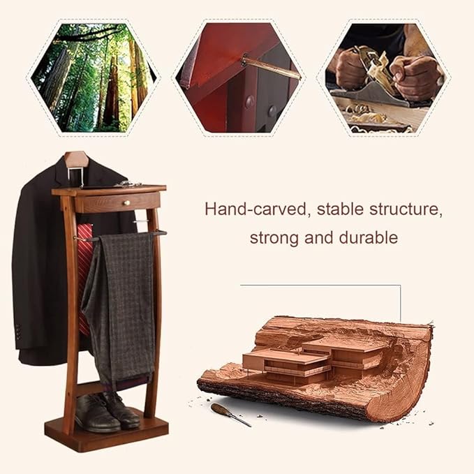 Suit Valet Stand with Tray, Wood Valet Stand for Men, Floor Standing Clothes Valet Stand, Valet Stand for Office Living Room Bed Room 44.4X30X112.2CM (Black)