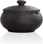 Lependor Ceramic Ashtray with Lids, Windproof, Cigarette Ashtray for Indoor or Outdoor Use，Ash Holder for Smokers,Desktop Smoking Ash Tray for Home Office Decoration - Black