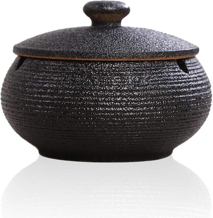 Lependor Ceramic Ashtray with Lids, Windproof, Cigarette Ashtray for Indoor or Outdoor Use，Ash Holder for Smokers,Desktop Smoking Ash Tray for Home Office Decoration - Black