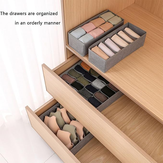 Underwear Organizer with Drawer Dividers, Foldable Fabric Dresser Closet Organizers Bins, Bedroom Cabinet Organization and Storage Box for Baby Clothes, Undies, Ties，Sock-Dark Grey (24cell)
