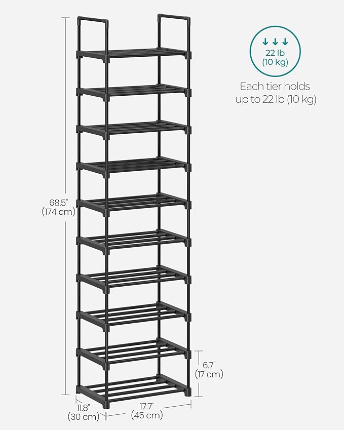 SONGMICS Shoe Rack, 10-Tier Shoe Organizer, Metal Storage Shelf, Upright or Upside Down, for 11-22 Pairs, for Entryway, 11.8 x 17.7 x 68.5 Inches, Black ULSA25BK