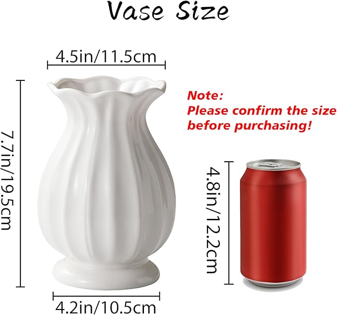 White Ceramic Vase, 7.8 Inch Flower Vase Home Decor Modern Decorative Vases for Bouquet, Unique Vases for Farmhouse Living Room Cabinet Table Centerpieces Wedding Decorations