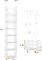 7 Tier Hanging Closet Organizer and Storage, Foldable Wire Closet Shelving with 4 Large Hooks+5 S Hooks,Hanging Basket for Clothes Sweaters Shoes Handbags,Wardrobe Kitchen Laundry Room-White