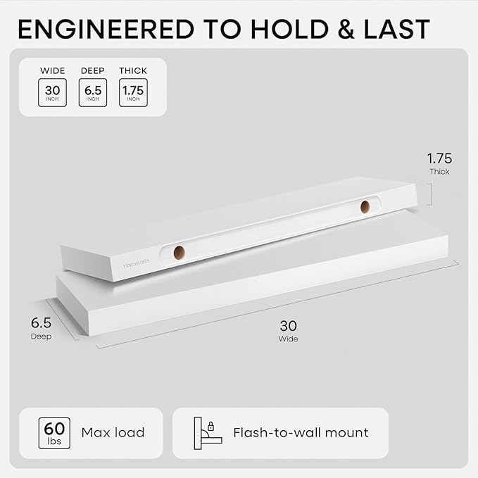 Homeforia White Floating Shelves 30 inch, High End Solid Real Wood 30inch Floating Shelf for Wall Mounted, White Wooden 30in Long Floating Shelves, Heavy Duty Bracket, 30 X 6.5 X 1.75 inches, Set of 3