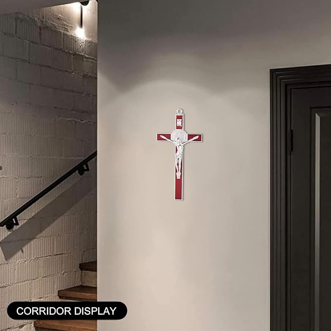 VINETEN Crucifix- Saint Benedict Crucifix Wall Cross Metal Wall Art-Cross Give Blessing and The Spiritual Sacred 8 Inch Red