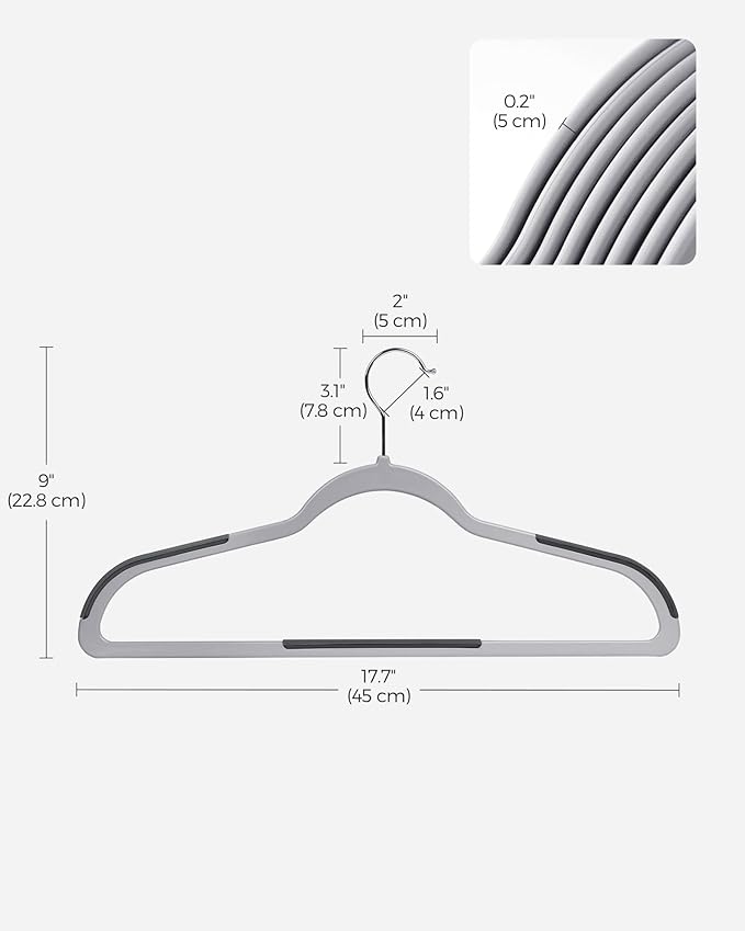 SONGMICS Cabides de Veludo, Conjunto com 50 Unidades, Cabides Antideslizantes, 0,6 cm de Espessura, Econômicos em Espaço, Ganchos Giratórios 360°, 45 cm de Comprimento, Cinza Escuro BRCRF50G