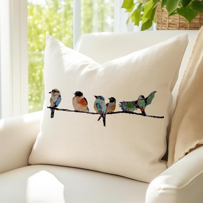 RABUSOFA Outdoor Birds Pillow Covers 20x20 Inch,Lumbar Small Throw Pillows for Couch,Spring Summer Hand-Painted Pillowcases,Teal Blue Pillows Decorative Throw Cushion Covers Cotton Linen for Sofa