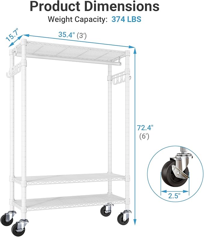 VIPEK R3C Portable Closet with Cover - Heavy Duty Freestanding Clothes Rack with Wheels & Hanging Rod & Side Hooks, 36.6" Lx17.3 Wx72.4 H, White Rack with Grey Upgraded Polyester Cover