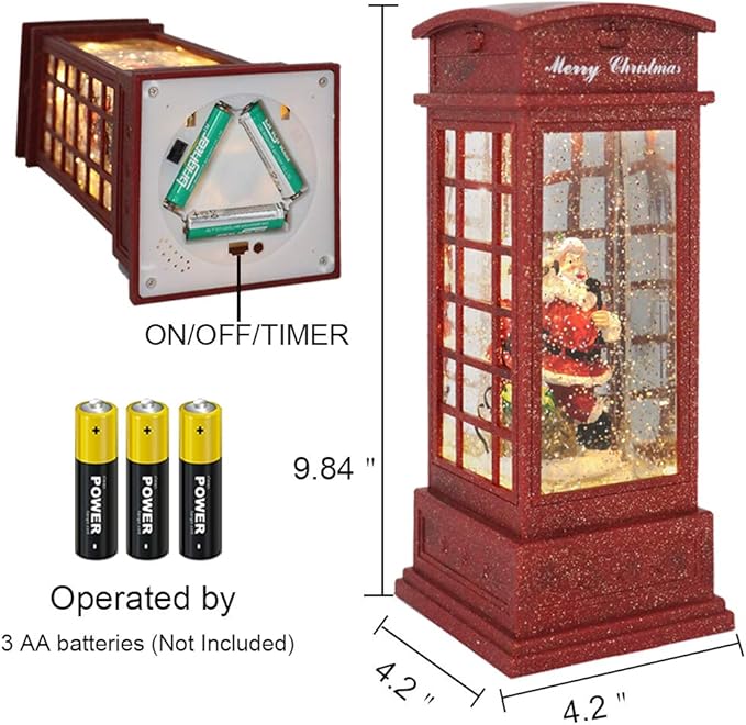 Wondise Snow Globe with Timer, Battery Operated Telephone Booth Snow Globes Spinning Water and Swirling Glitter (Santa)