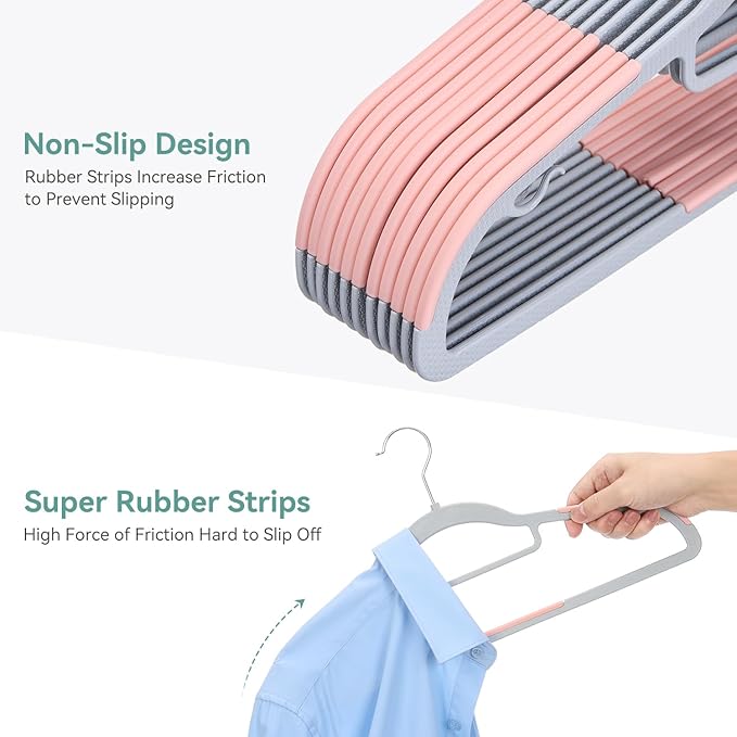 Pack of 30 Coat Hangers, Space-Saving Plastic Clothes Hangers, Non-Slip, 0.2 Inches Slim, 360° Swivel Silver Hook for Shirts, Pants, Suit & Wet/Dry Garments, Pink and Dark Gray
