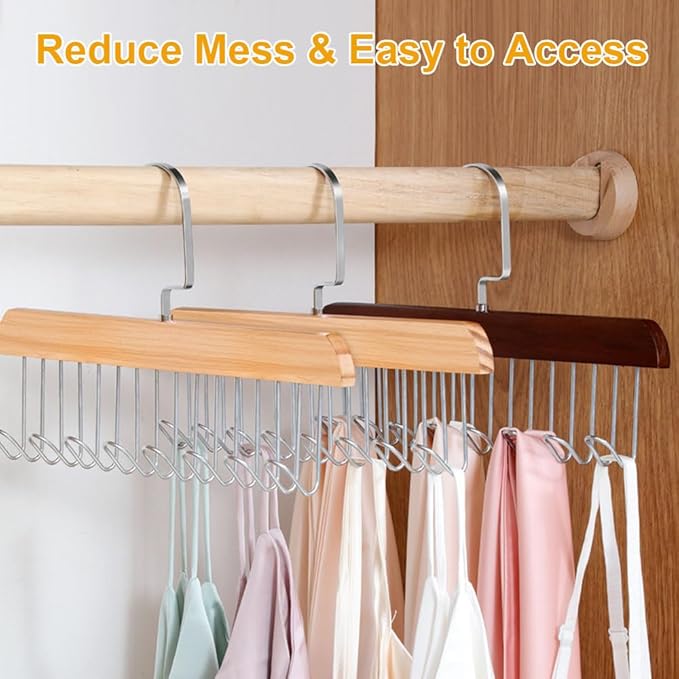 Belt Hanger 3 Pack with 24 Hooks, Sturdy Wooden Non-Slip Belt Holder, Space Saving Closet Organizer, Rotating Display Rack for Bra, Hat, Tank Tops