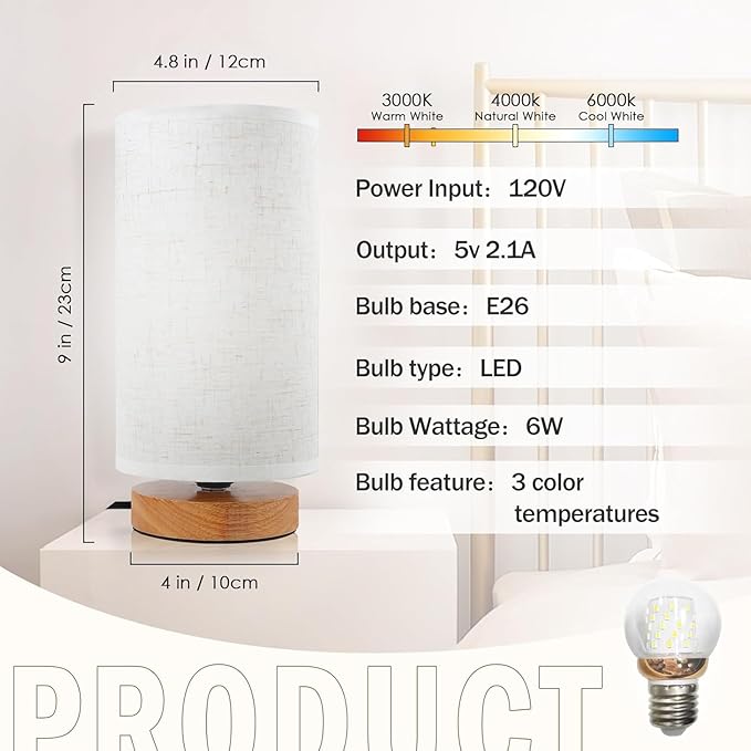 3-Color Adjustable Bedside Table Lamp for Bedroom Set of 2,Minimalist Wood Base&Round Fabric Shade,Cozy Lighting Nightstand Boho Lamp,Reading Desk Night Stand Light for Room,Office,kitchen,Nursery