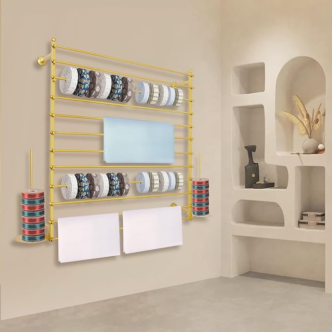 12-Tier Wall Mounted Scarf Rack, Scarf Display Rack, Towels Storage Hanger, Commercial Hijab Scarf Holder Organizer Space Saving for Retail Stores, Boutiques, Home (Gold, 47in Width)