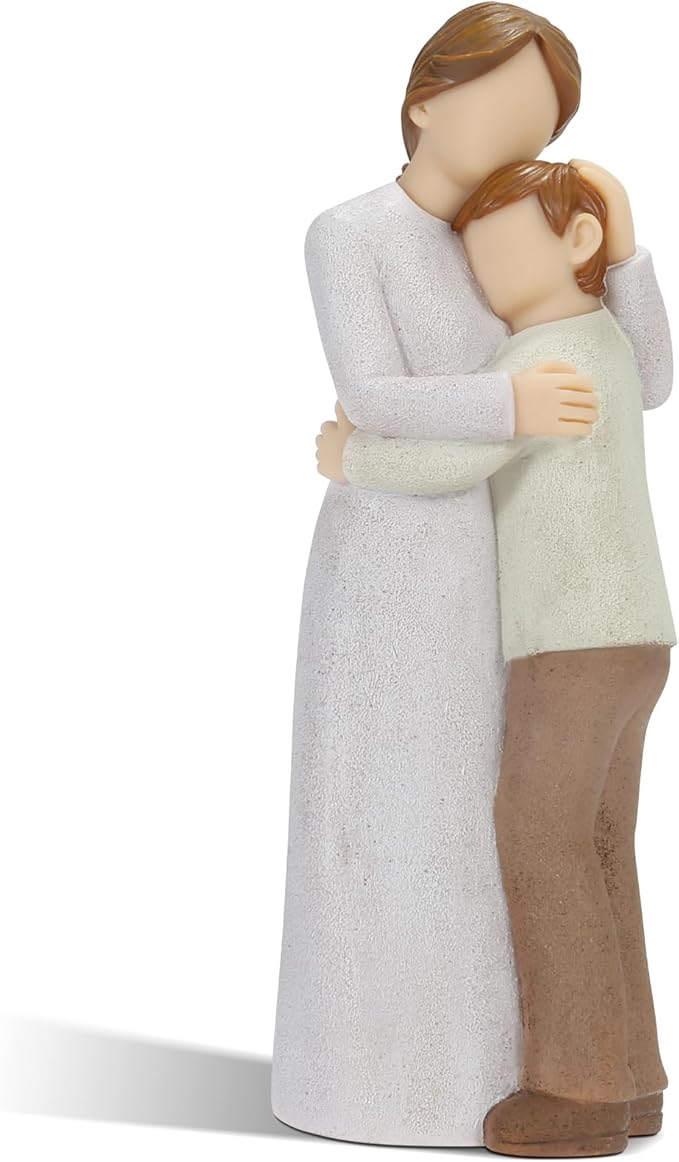 Mother Son Embrace Sculpture, Hand-Painted Mom & Son Figurine for Cherishing Maternal Bond, Memorial & Gifting on Mother's Day/Birthday/Christmas