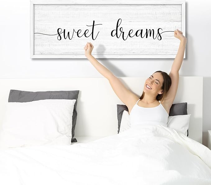 Sweet Dreams Wall Decor Above Bed 41.3''×15'' Large Farmhouse Wall Decor for Bedroom Guest Room Decor Framed Wood Wall Art Rustic Master Bedroom Wall Decoration (white frame)