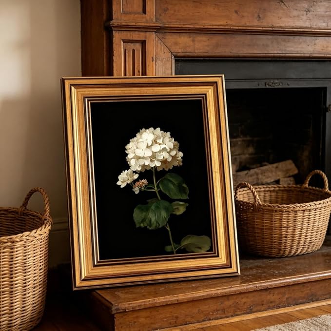Gold Framed Moody Flower Canvas Wall Art White Hydrangea Living Kitchen painting Decor Pictures Bedroom Vintage Plant Floral Posters Prints for Corridor Classroom Bedroom Woman Room Decoration