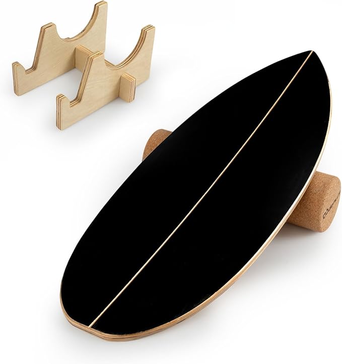 Goplus Balance Board Trainer for Adults, Wooden Balancing Board with Cork Roller and Storage Rack to Exercise and Build Core Strength, Wobble Board for Skateboard, Snowboard