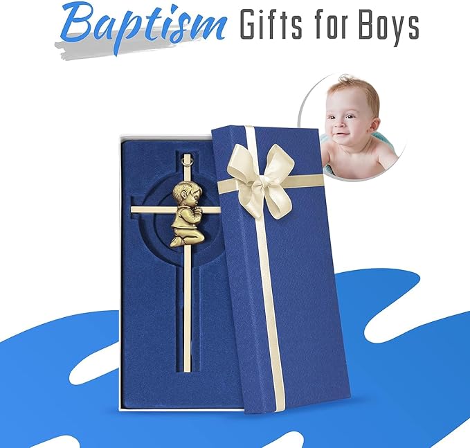 Tryuunion Baby Wall Cross Baptism and Christening Gifts for Boys, 7-inch Olive Golden Blessing Catholic Boy Baptism Crosses for First Holy Communion, and Dedication Baptismal Gifts from Godparents