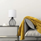 HAITRAL Modern Bedside Table Lamp - Minimalist Small Lamp with Hollowed Out Base Linen Fabric Shade,Metal Nightstand Lamp for Bedroom Living Room Side Table Desk Kids Room- Black/White