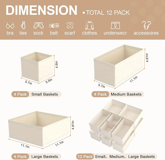 Drawer Organizer Clothes & Dresser Organizers - 12 Pack Foldable Drawer Dividers, Baby Clothes Organizer & Nursery Storage for Sock, Underwear, Bra, Belt, Closet and Dresser Drawer Organizers (Beige)