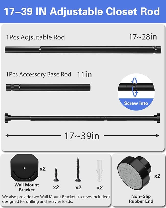 2 Pack No Drilling Closet Rods for Hanging Clothes, Non Slip Tension Rod with Heavy Duty Clothes Hanging Rod, 17-39 Inches Adjustable Spring Closet Rod for Closet Wardrobe Bathroom RV, Black