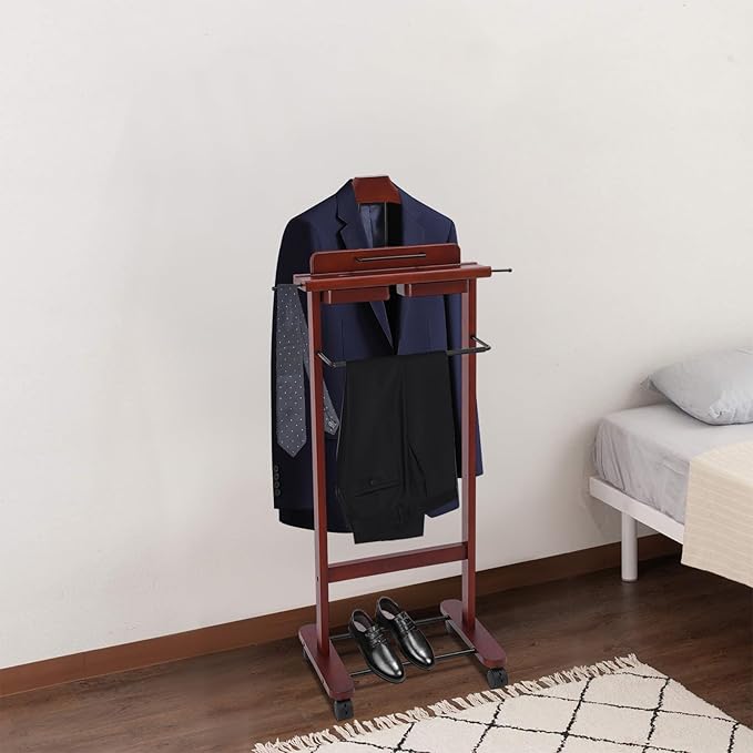 Clothing Valet Stand, Wood Suit Rack, Freestanding Valet Stand for Women and Man, 17"x12"x44" Suit Stand for Home Hotel Office (Reddish Orange)