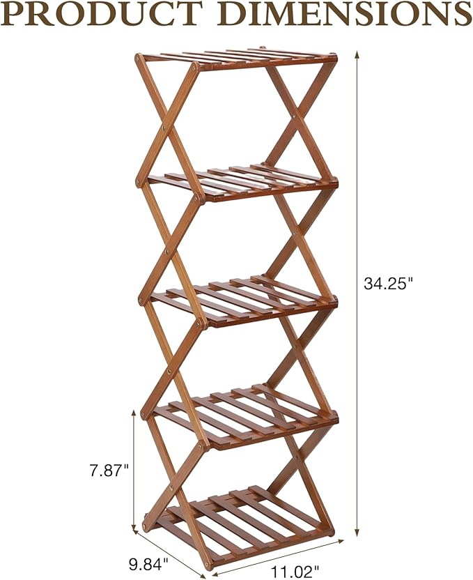 Bamboo Shoe Rack 5 Tier Foldable Shoe Rack Vertical Bamboo Shoe Organizer Free Standing Shelf for Entryway, Closet, Bedroom, Walnut Color