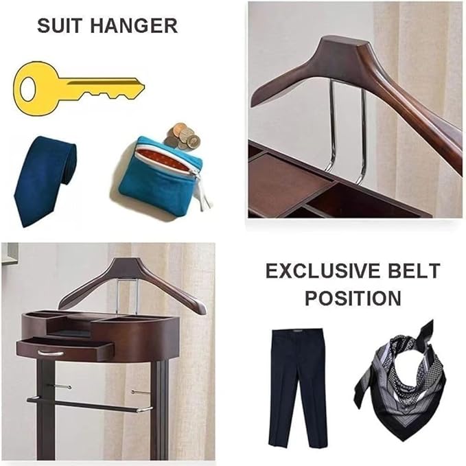 Suit Stands Butler Clothing Racks Wood Suit Valet Stand Clothes Rack with Base Floor Standing Suit Hanger Rack with Drawer, Top Tray,for Office Living Room Bed Room ﻿43X33.5X107CM(Brown)