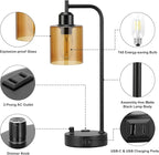 Industrial Bedside Lamps for Nightstand Set of 2 - Fully Dimmable Bedroom Lamps with USB A C Ports and Outlet, Black Table Lamps with Amber Glass Shade for Living Room, Desk Lamps for Office Reading