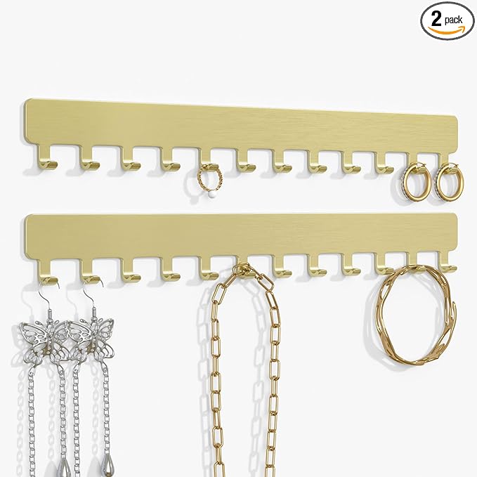 Necklace Holder Hanging Jewelry Organizer: Self-Adhesive Wall Organizer for Necklaces, 2 Pack, Gold