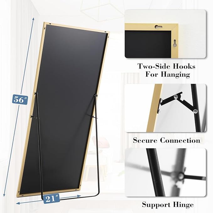DUMOS 21"x56" Full Length Mirror with Stand, Floor Standing Aluminum Frame, Shatter-Proof Nano Glass for Bedroom, Living Room, Cloakroom – Modern Simple Home Decor,Can Be Hanging or Leaning, Gold
