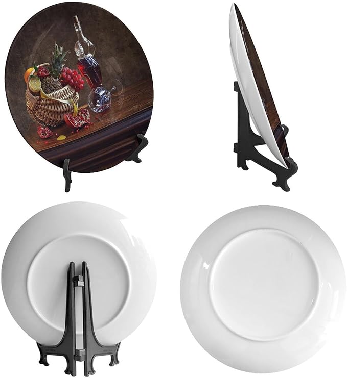 WineDecorative Plate Holder, 10 Inch, Overturned Wine Glass And Pomegranate Round Display Plate, Table Top Plate Decor with Stand, for Kitchen Living Room Office Countertop Decor