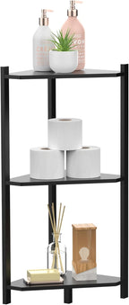 Wisuce Corner Shelf Stand - 3 Tier Bamboo Small Corner Bookshelf for Office Kitchen Bedroom Plant Stand Living Room Decor Small Space (Black)