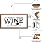 Family Lettering 12x22in Hanging Wall Sign with Life Positive Quote We Only Serve Expensive Wine Apricot Frame Wooden Plaque Birthday Housewarming Gift for Cottage Home Farmhouse Porch Wall Decor