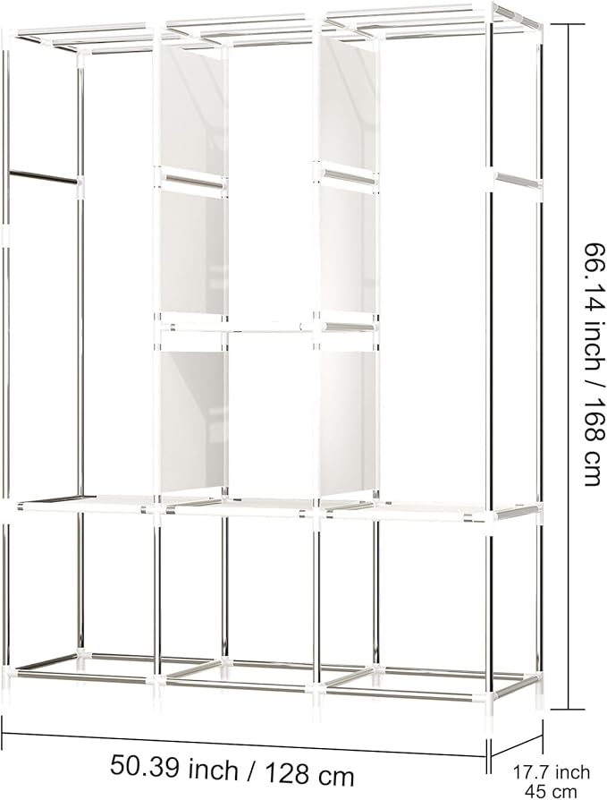 Portable Closet for Hanging Clothes 67 Inch Wide Large Capacity Portable Wardrobe Closet with Cover, Storage Shelves and 3 Hanging Rod, Gray Wardrobe Closet Easy to Assemble and Strong
